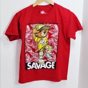 Vibes Youth Large Red Savage 90s Bear Graphic T-Shirt